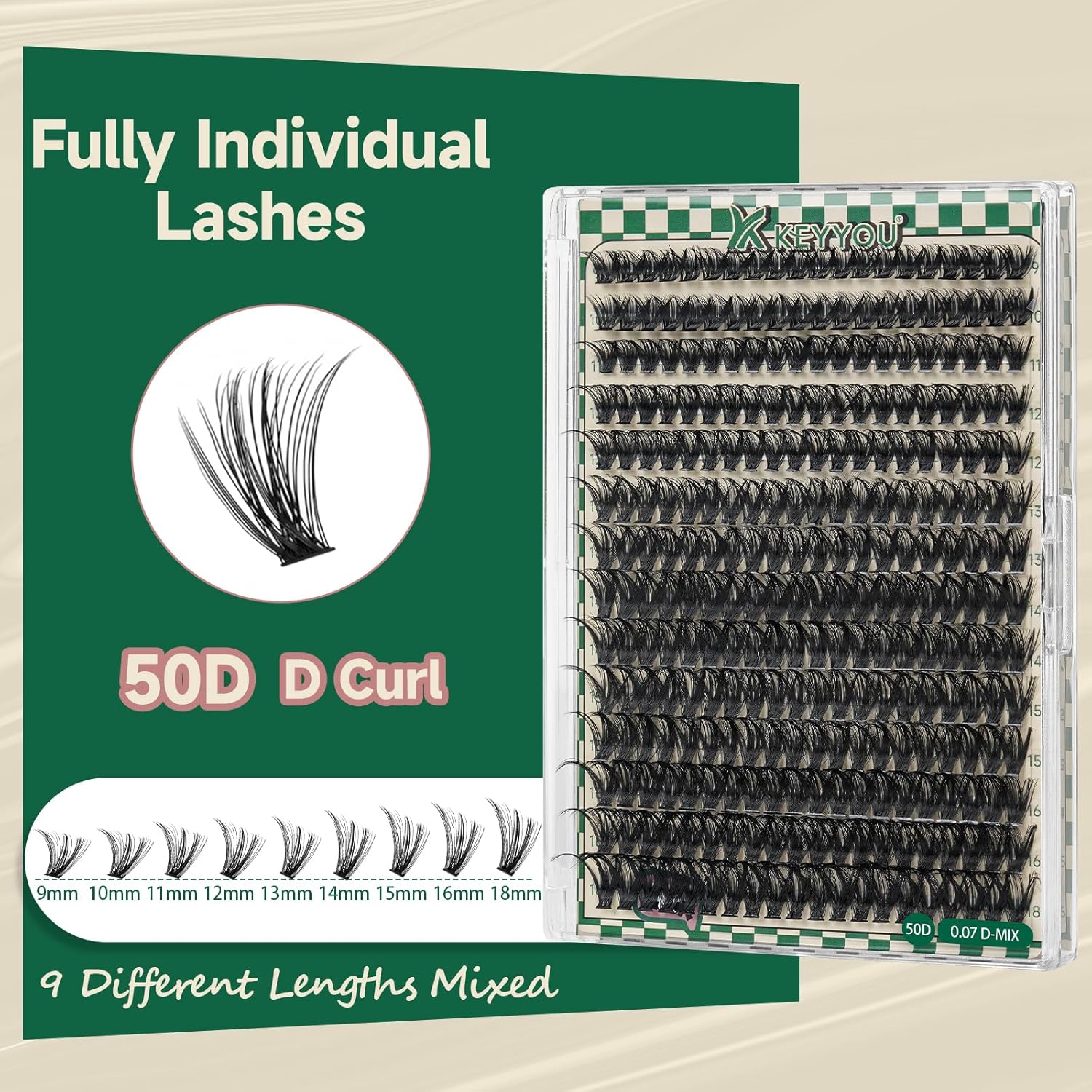 DIY Lash Extension Kit 280pcs Individual Lashes D Curl Eyelash Extension Kit KEYYOU 50D 9-18Mix Natural Lash Clusters with Lash Bond and Seal and Lash Applicator for DIY at Home(KIT-50D-0.07D-9-18Mix)