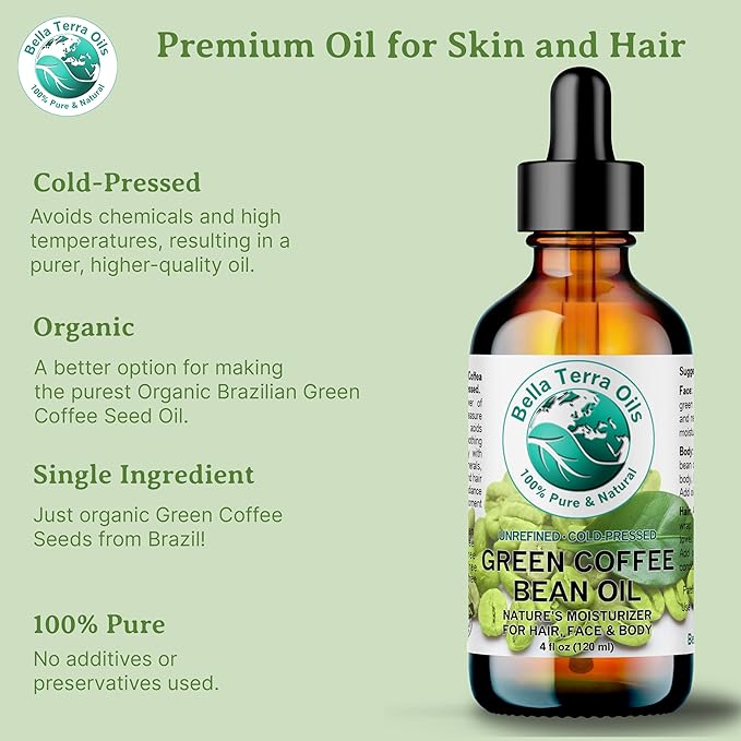 Bella Terra Oils - Green Coffee Bean Oil 16 oz - Dive into the World of Green Bean Coffee Extract, Boosted with Antioxidants, Supreme Skin Care Elixir