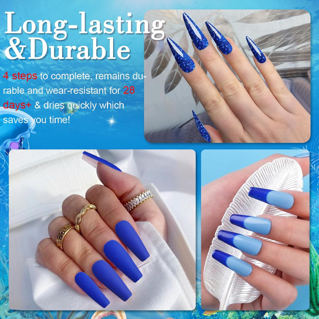 Honey Joy Dip Powder Nail Kit Starter,4 Colors Navy Blue Sky Blue Purple Glitter Dipping Powder Liquid Set with Base Top Coat for Nail Art Manicure Salon DIY No LED Nail Lamp Needed，Dip-7pcs-04