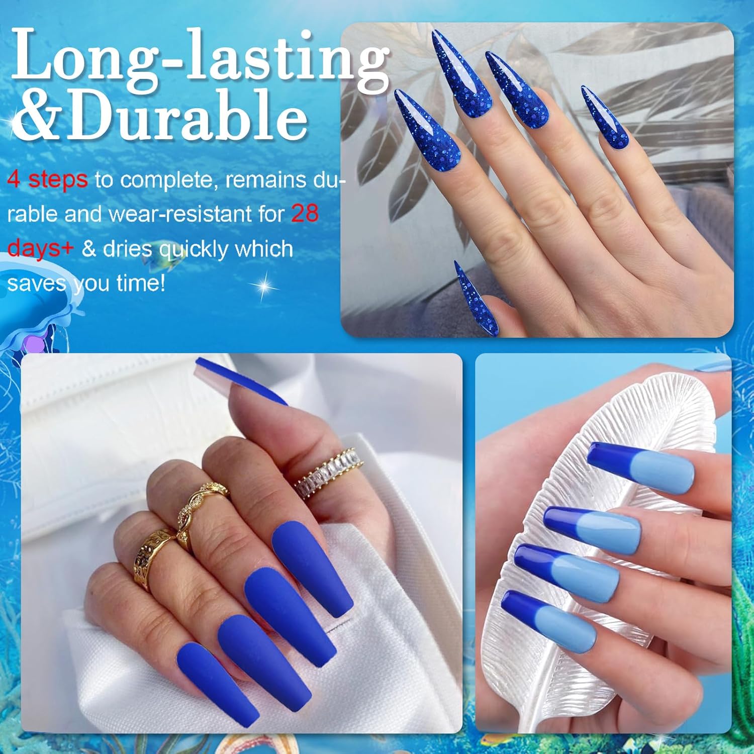 Honey Joy Dip Powder Nail Kit Starter,4 Colors Navy Blue Sky Blue Purple Glitter Dipping Powder Liquid Set with Base Top Coat for Nail Art Manicure Salon DIY No LED Nail Lamp Needed，Dip-7pcs-04