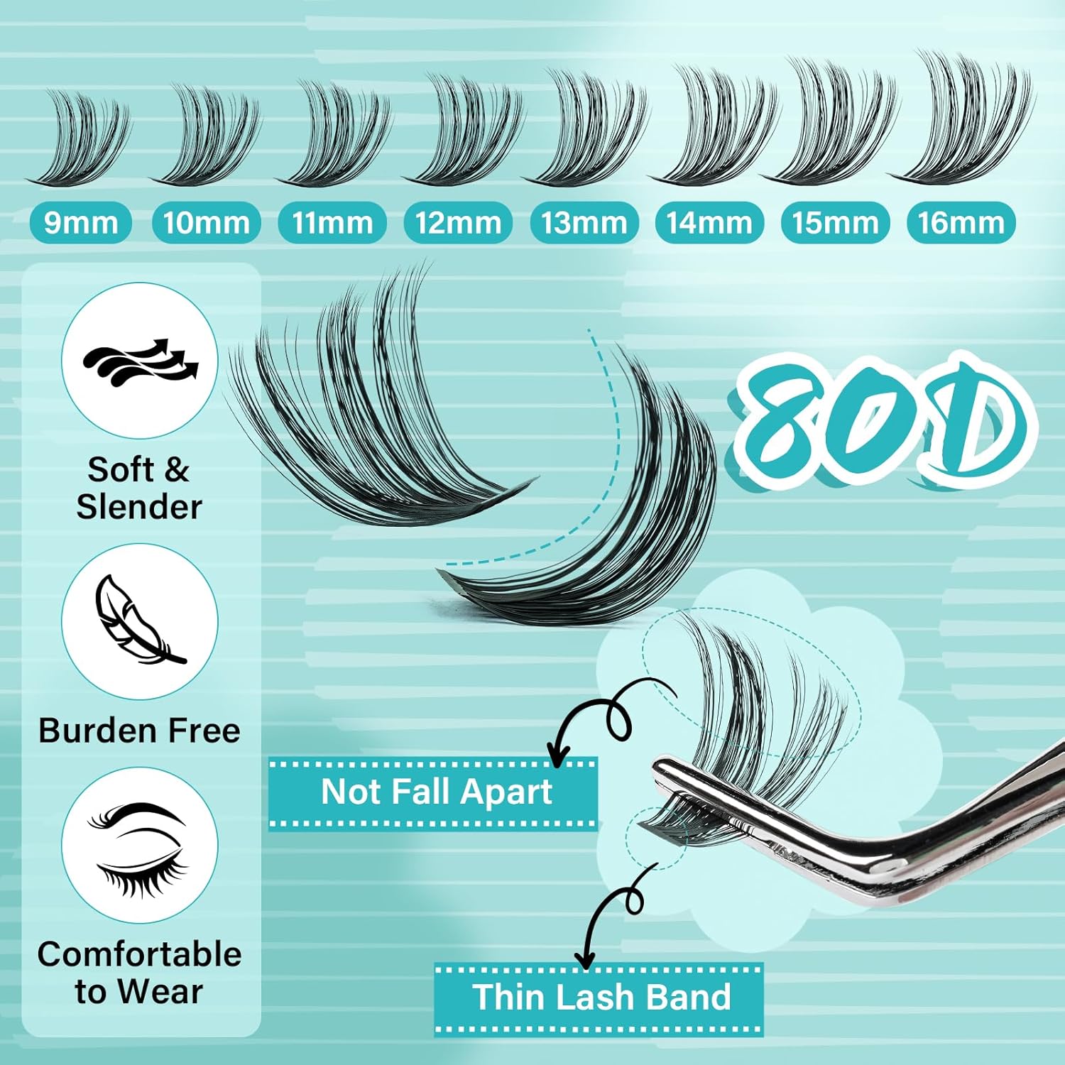 Lash Clusters Kit 200pcs, Eyelash Extension Kit 80D D Curl Diy Cluster Eyelashes Extensions Lash Bond and Remover Waterproof Lash Applicator Tools for 9-16mm Mix Lashes Individual Lash Kit