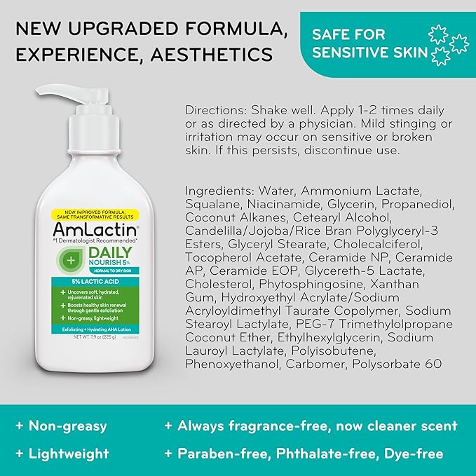 AmLactin Daily Nourish 5% - 7.9 oz Body Lotion with 5% Lactic Acid - Exfoliator and Moisturizer for Dry Skin (Packaging May Vary)