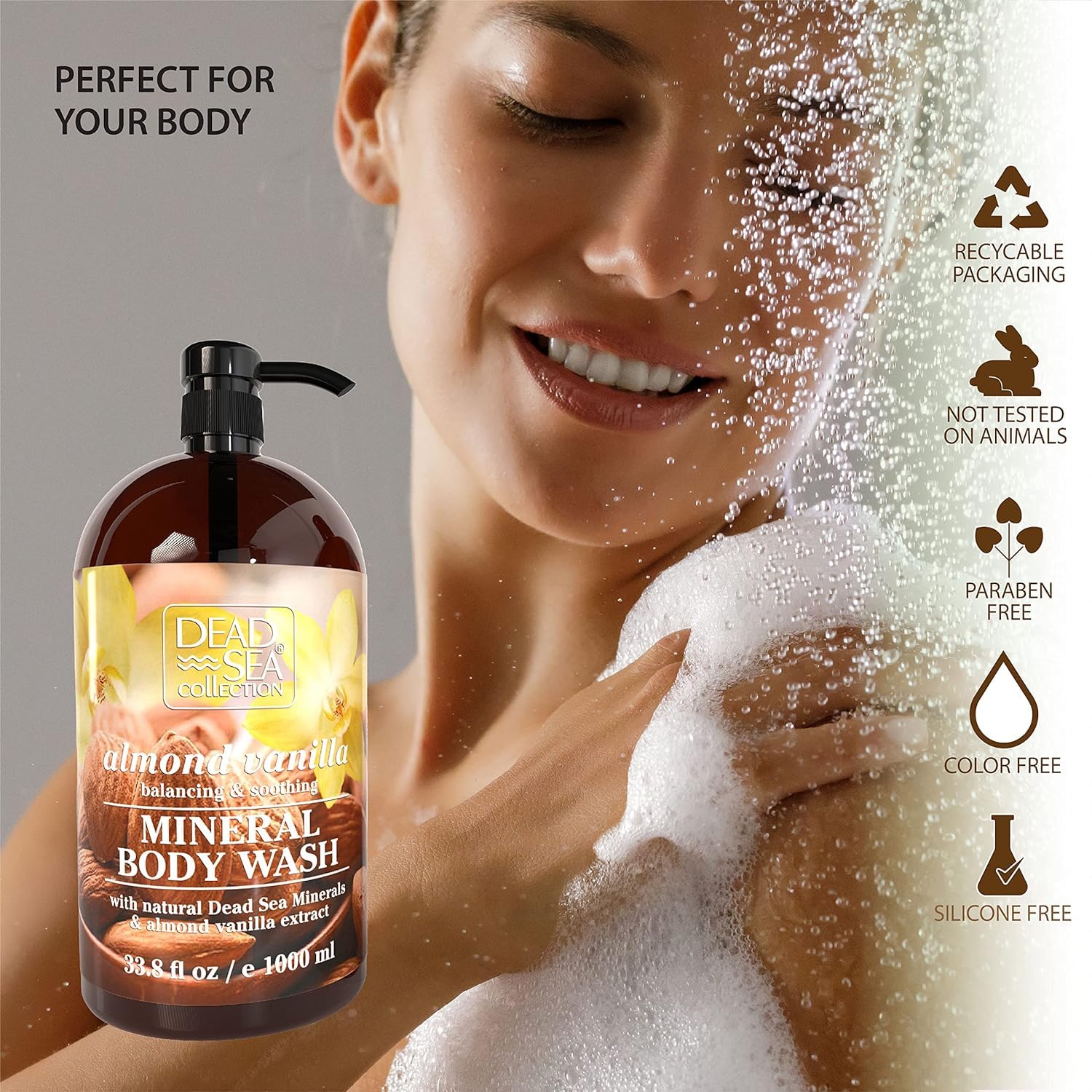 Dead Sea Collection Almond Vanilla Body Wash for Women and Men - with Pure Dead Sea Minerals and Sweet Almond Oil - Cleanses and Moisturizes Skin (33.8 fl. oz)