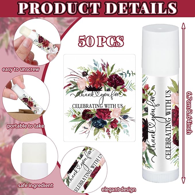 50 Pcs Wedding Bridal Shower Gifts Party Favors Bulk Floral Lip Balm Baby Shower Thank You Appreciation Gifts for Women Tea Bachelorette Party(Wedding Flower)