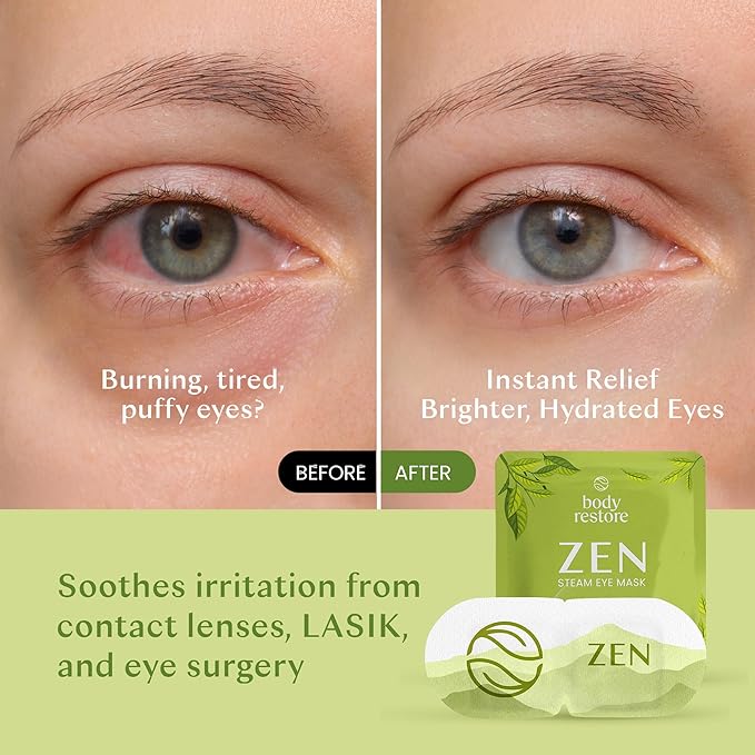 Body Restore Self Heated Steam Eye Mask 5 Pack - Easter Basket Stuffers, Relaxation Gifts for Her and Him, Best Friend, Stye Eye Treatment, Disposable Heating Pad, Travel Essentials - Green Tea