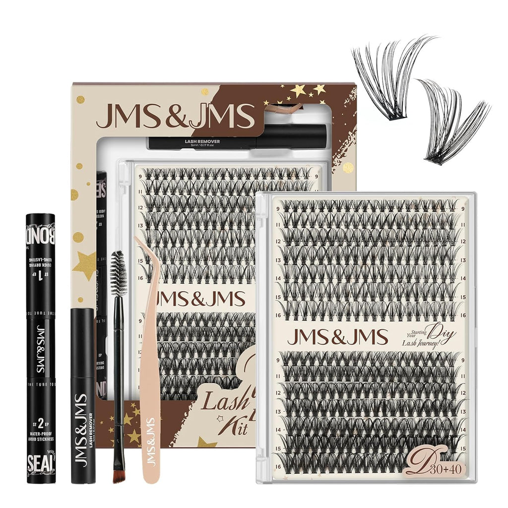 JMS&JMS DIY Lash Extension Kit 280PCS Lash Clusters Kit 30D+40D D Curl 9-16MIX Cluster Eyelash Extensions Kit with Lash Bond and Seal, Lash Remover, Lash Tweezers at Home