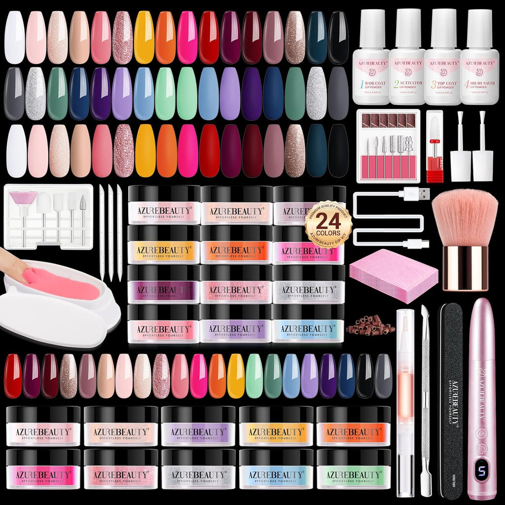 AZUREBEAUTY Dip Powder Nail Kit with Electric Nail Drill 24 Colors Nude Pink Glitter Red Green Nail Powder Starter Kit with Dip Liquid Set Base Top Coat Activator Portable Manicure Essential Set