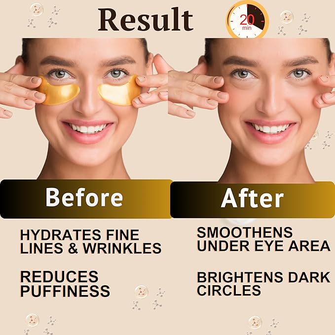 24K Gold Under Eye Patches (20 Pairs) Anti-Aging, Hydrating, Depuffing, Dark Circles, Wrinkles, Collagen & Hyaluronic Acid Eye Masks,Eye Gels Pads, Undereye Bags, Gift, Natural Cruelty-Free