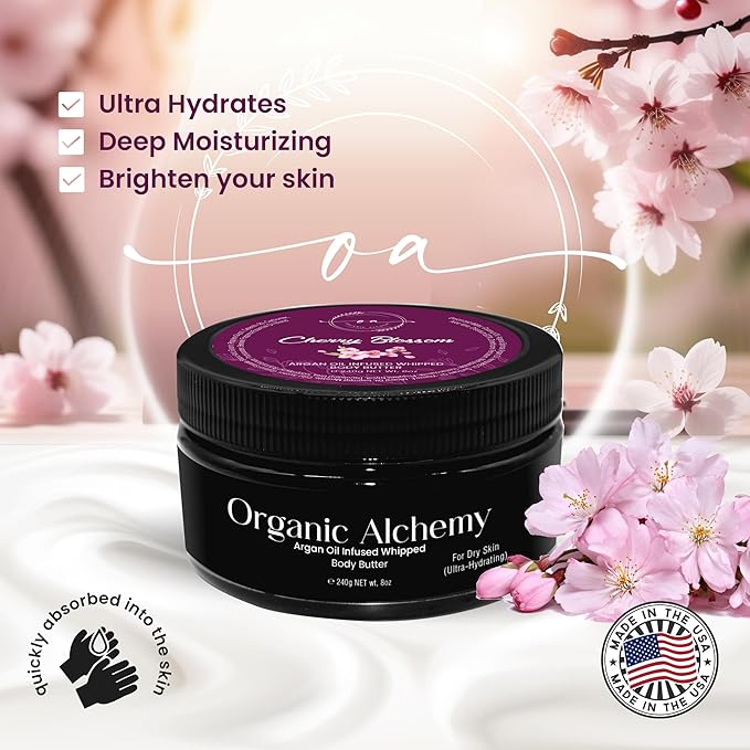 Whipped Argan Oil Body Butter for Dry Skin, Anti-Aging Body Cream Made for Women - Natural Skin Care, 8 OZ (Japanese Cherry Blossom)