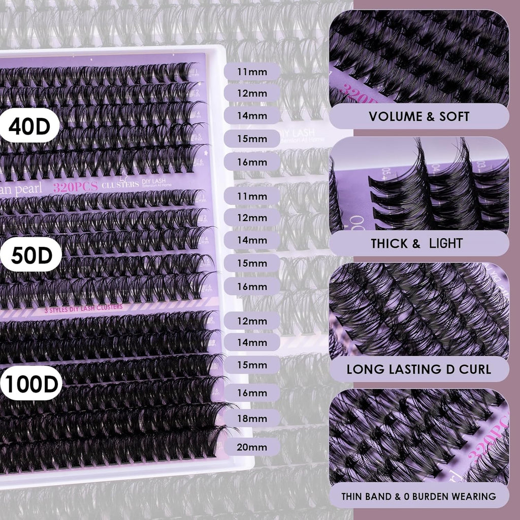 Ocean Pearl Lash Clusters 320PCS 11-20mm Lash Extension Kit 40D+50D+100D Eyelash Extension Kit Individual Lashes Thick Eyelash Clusters Lashes Clusters with Eyelashes Bond+Seal+Remover+Tweezer-100D