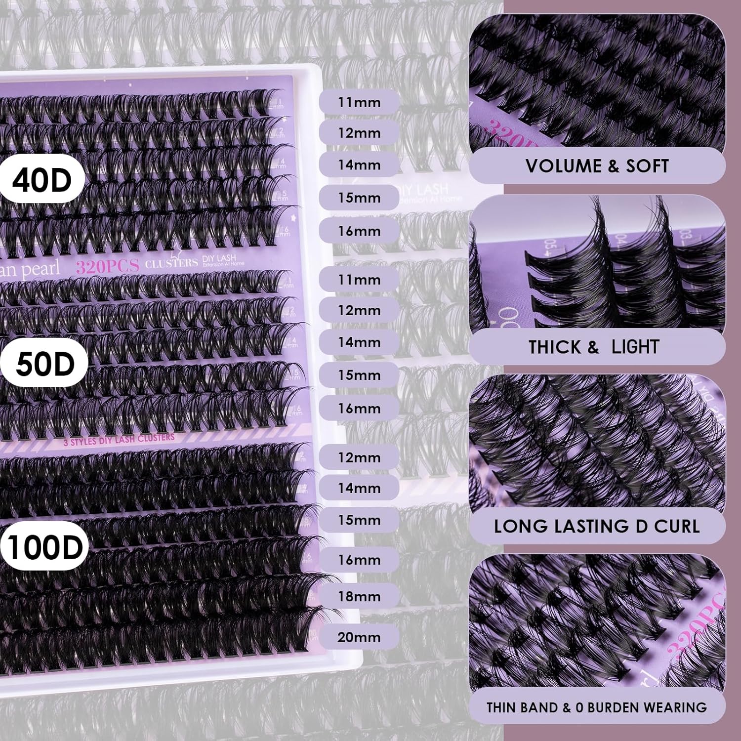 Ocean Pearl Lash Clusters 320PCS 11-20mm Lash Extension Kit 40D+50D+100D Eyelash Extension Kit Individual Lashes Thick Eyelash Clusters Lashes Clusters with Eyelashes Bond+Seal+Remover+Tweezer-100D