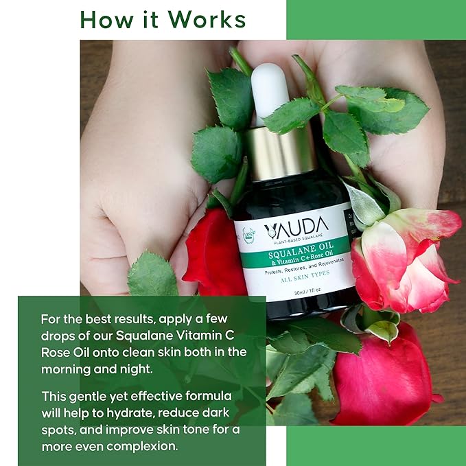 VAUDA 100% Squalane Oil for Face with Vitamin C and Rose Oil – 30 ML Anti-Aging and Hydrating Face Oils for Women, Brightens Skin & Reduces Dark Spots – Plant-Based Natural Squalane Moisturizer Oil