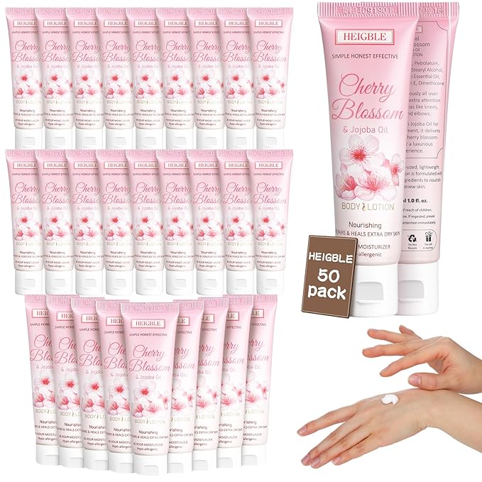 50 Pack Travel Size Body Lotion 1 oz Cherry Blossom and Jojoba Oil Body Lotion Dry Skin Moisturizer with Flip Cap for Extra Dry Skin, Inns, Hotels Resorts, Airlines, Offices, Gyms and More