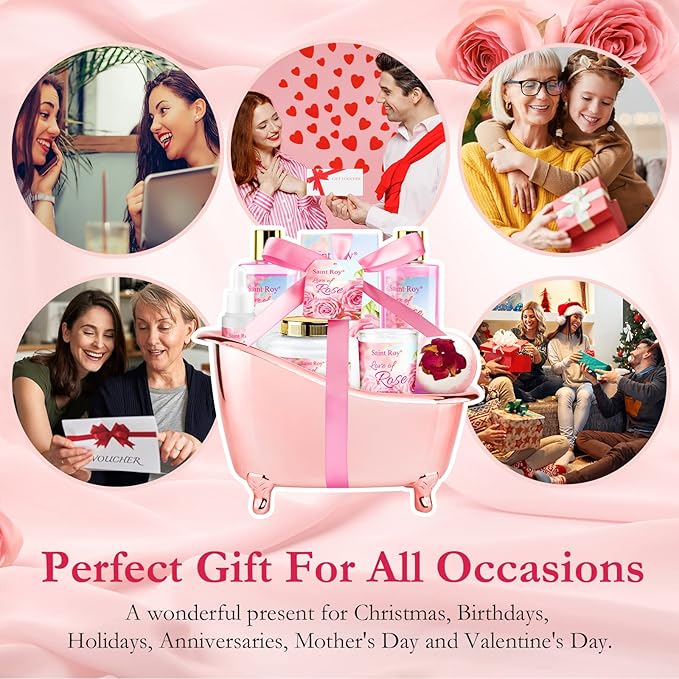 Mother's Day Gifts for Mom bath Gifts for Her Rose scents Mother Gift Bath Set for Women, Luxury Home Spa Kit Rose Bath Gift Basket, Includes Scents Lotion, Bath Bomb, Spa salts, Christmas Gift