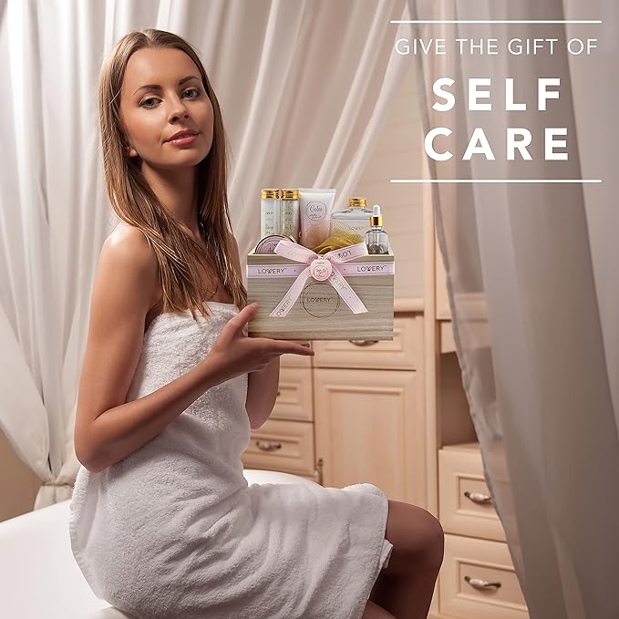 Mothers Day Bath Gift Set - Home Spa Gift Basket with Milky Coconut, Vitamin E & Shea Butter with Shower Gel, Bath Salt & Crystals, Body Scrub, Hand Cream, Body Oil, Bath Pillow, Wooden Crate & More