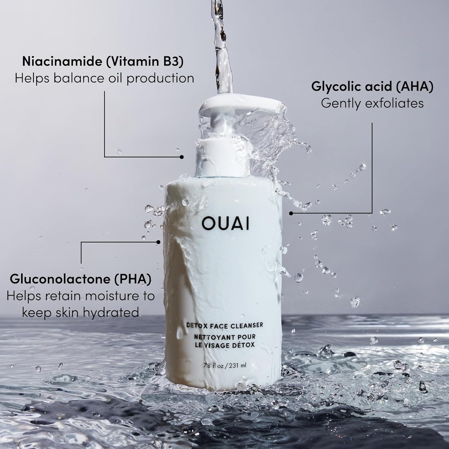OUAI Detox Facial Cleanser - Deep Cleansing Face Wash with Glycolic Acid, Niacinamide & PHA - Removes Sweat, Dirt & Oil Without Drying - Gentle Face Cleanser for Post-Workout (7.8 Fl Oz)