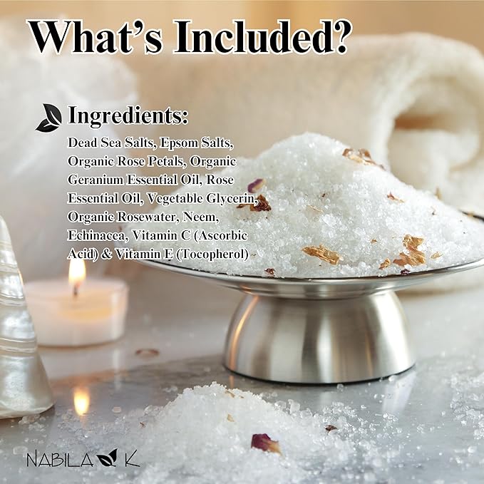 Organic Rose Bath Salts by Nabila K - Dead Sea Salt & Epsom Salt Scrub & Soak - Exfoliates & Hydrates Skin, Botanical Essential Oils - Bubble Bath Accessories for All Skins Types, 8 oz
