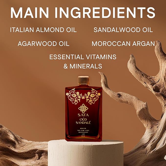 SAFA Oud Sandalé Oil – Organic Oud & Sandalwood Essential Oil for Hair, Body, Face & Nails – Arabian Perfume Oil for Women & Men - Strong & Long Lasting Fragrance - 4 Fl Oz