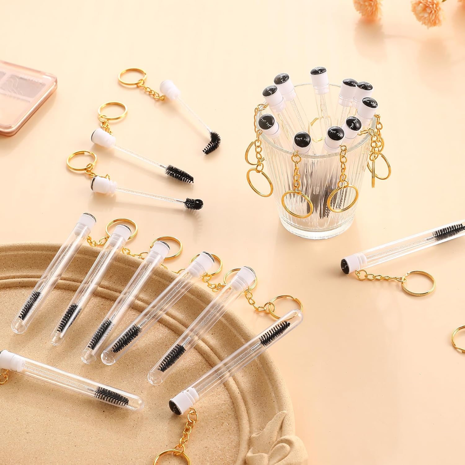 Upgrade 48 Pieces Disposable Mascara Wands Set,Include 24 Pcs Crystal Lash Spoolies Brush and 24 Pcs Reusable Keychain Empty Eyelash Brush Tubes (Black)