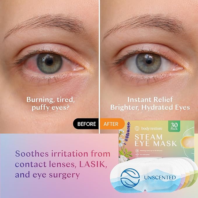 Body Restore Self Heated Steam Eye Mask 30 Pack - Fathers Day Unique Gifts for Dad, Relaxation Gifts for Her and Him, Best Friend, Stye Eye Treatment, Travel Essentials - Variety