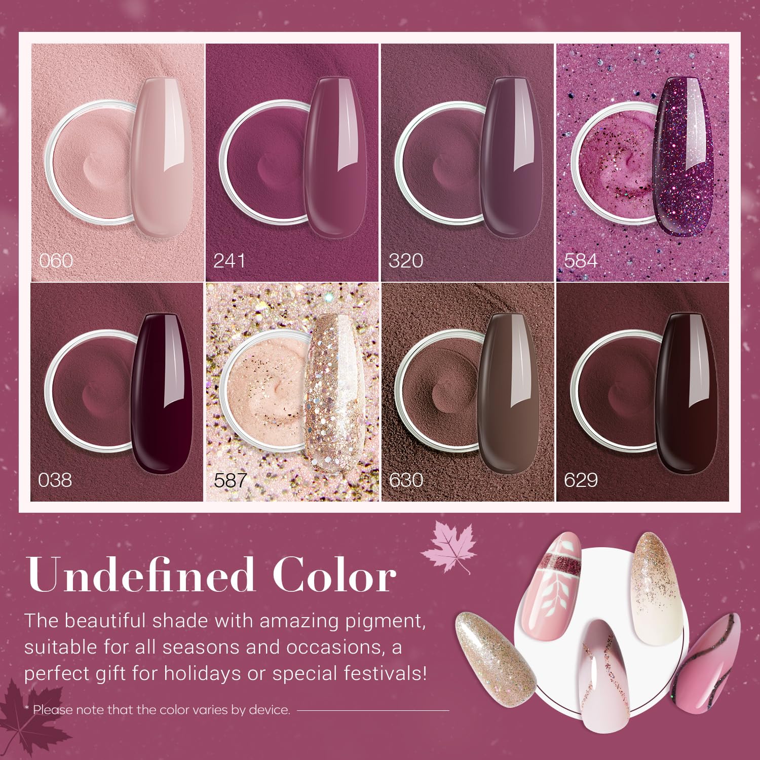 AZUREBEAUTY Dip Powder Nail Kit Starter Glitter Purple Nude Brown 8 Colors 30 Pcs with Nail Swatch Sticks, Dipping Powder Liquid Set Matte Top Coat for Fall Winter Nail Art Manicure Salon DIY Home