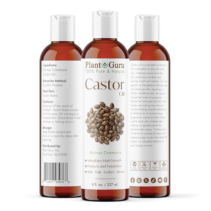 Castor Oil 8 fl. oz. Unrefined, 100% Pure Natural Hexane-Free, USP Grade, Hair Growth, Eyebrows and Eyelashes. Skin, Face and Body Moisturizer.