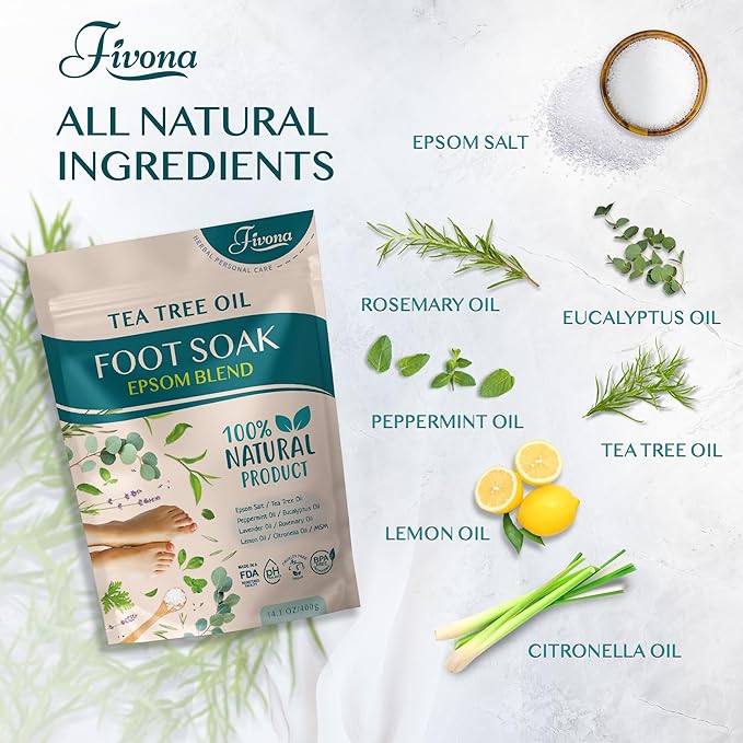 Fivona Foot Care Kit 3 in 1 - Foot Soak Blend with Epsom Salt, Tea Tree and Essential Oils - Collapsible Foot Soak Basin - Dual Action Foot File