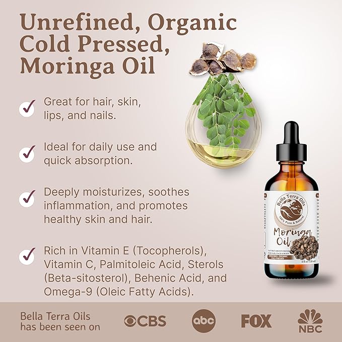 Bella Terra Oils - Organic Moringa Seed Oil 2oz - A Blend of Nature's Best, High in Oleic Acid & Vitamin E, For a Touch of Luxurious Smoothness