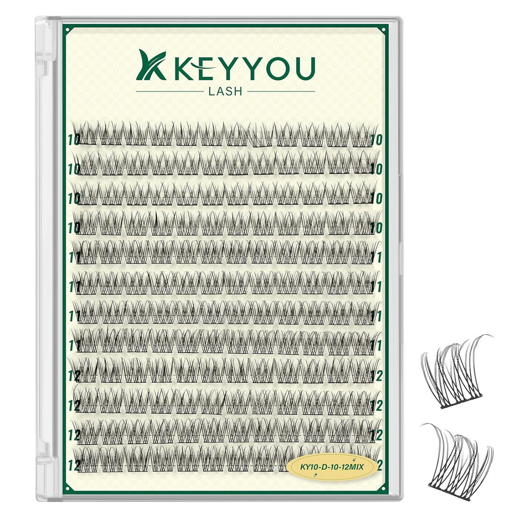 KEYYOULASH Lash Clusters Manga Lash Extension D Curl 144pcs 10-12mm Wispy Eyelash Clusters Natural Volume Eyelash Extensions Individual Lashes DIY at Home(KY10,D-10-12MIX)