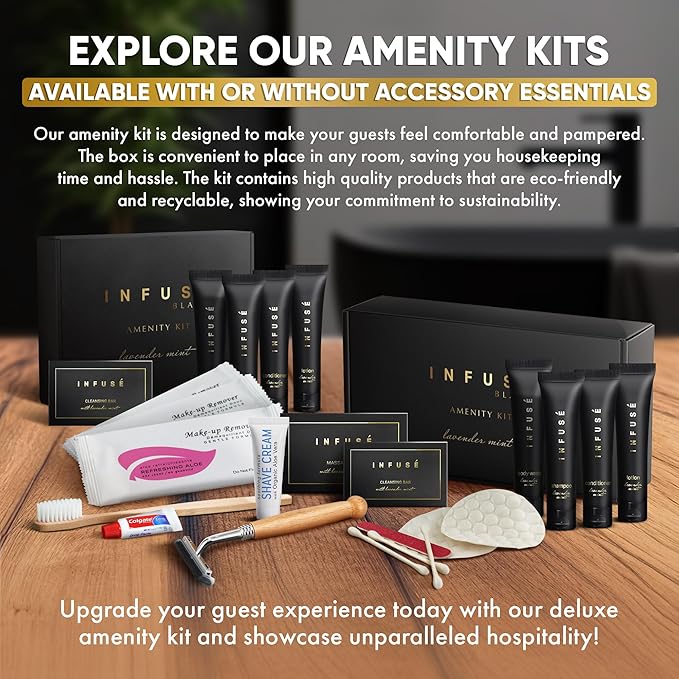 Infuse Black Amenity & Accessory Kit | 1 oz Travel Size Shampoo, Conditioner, Lotion, Body Wash, Body Bar, 2 Cleansing Bar, Shave & Dental Sets, Make-Up Remover Wipes, & Vanity Kit | 60 sets per case