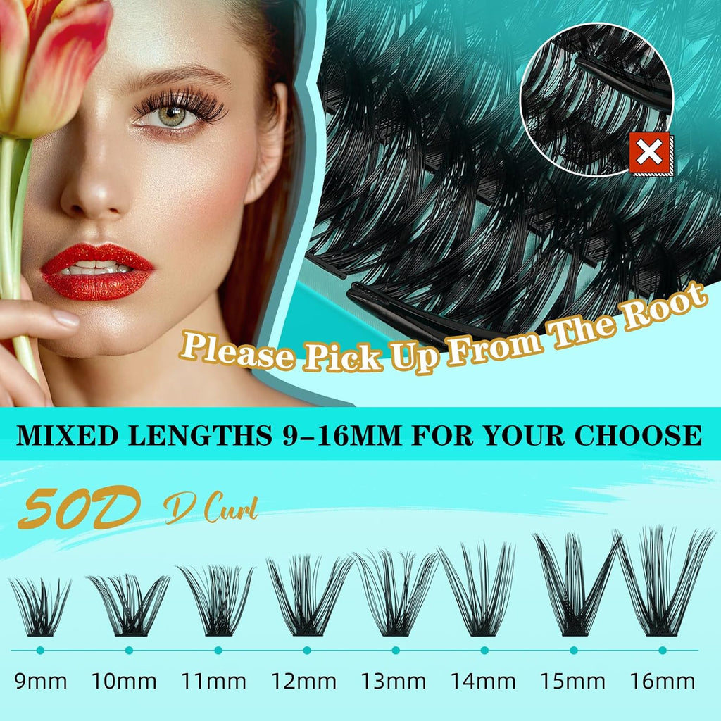 Lash Extension Kit 240Pcs 50D Individual Lashes Clusters Kit,Lash Bond And Seal for Eyelashes Extensions,Lash Applicator Tool For False Eyelash Cluster Kit(50D,D-Mix9-16mm)