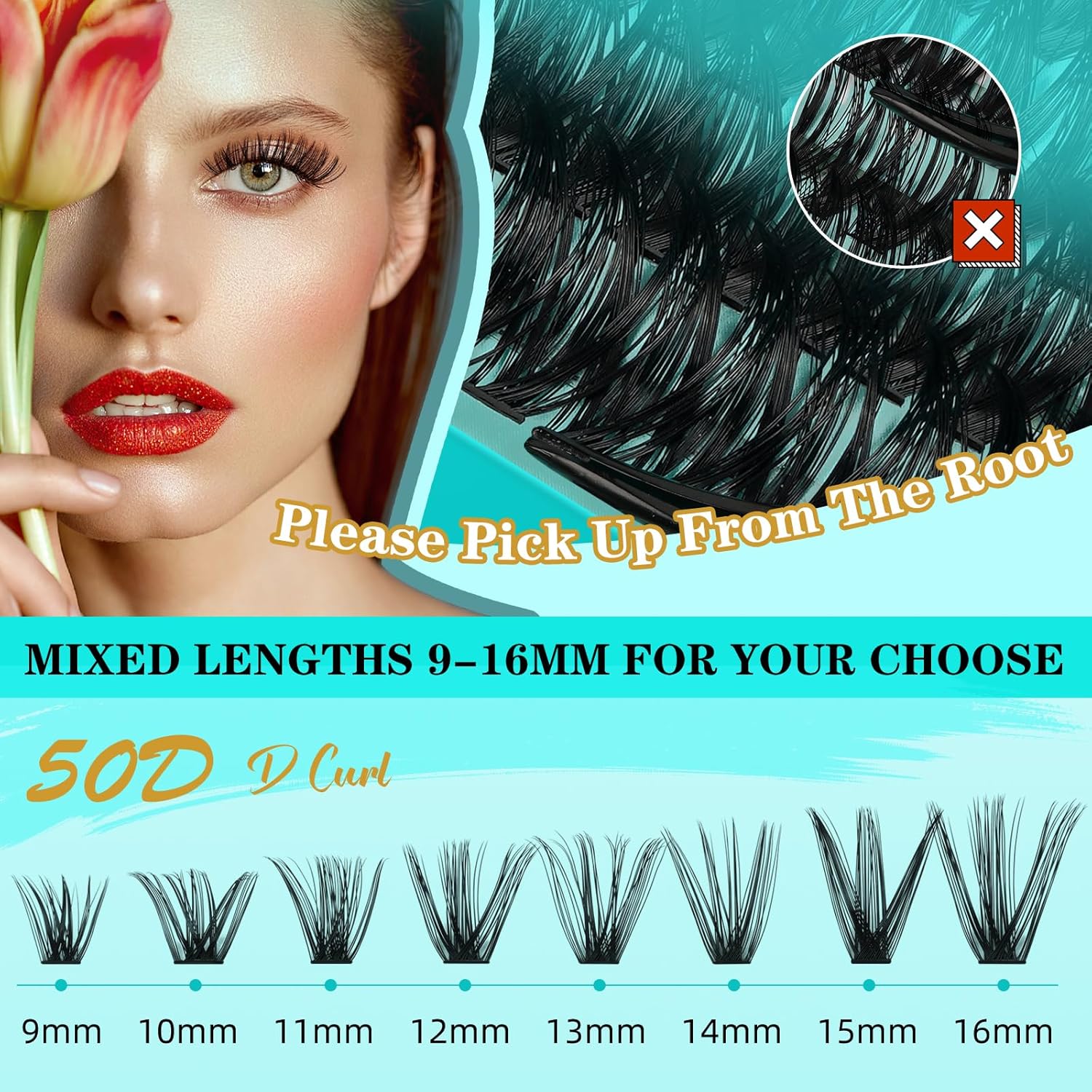 Lash Extension Kit 240Pcs 50D Individual Lashes Clusters Kit,Lash Bond And Seal for Eyelashes Extensions,Lash Applicator Tool For False Eyelash Cluster Kit(50D,D-Mix9-16mm)