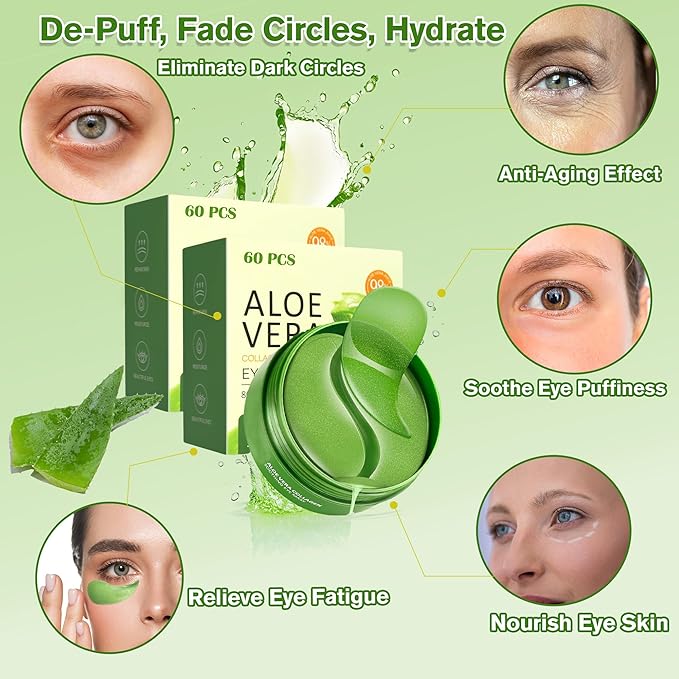 Aloe Vera Eye Gel Patches 2 Pack 120 PCS, Soothing & Hydrating, Reducing Dark Circles and Puffiness, Collagen-Infused Eye Mask, Refreshing & Rejuvenating, Suitable for Both Men and Women
