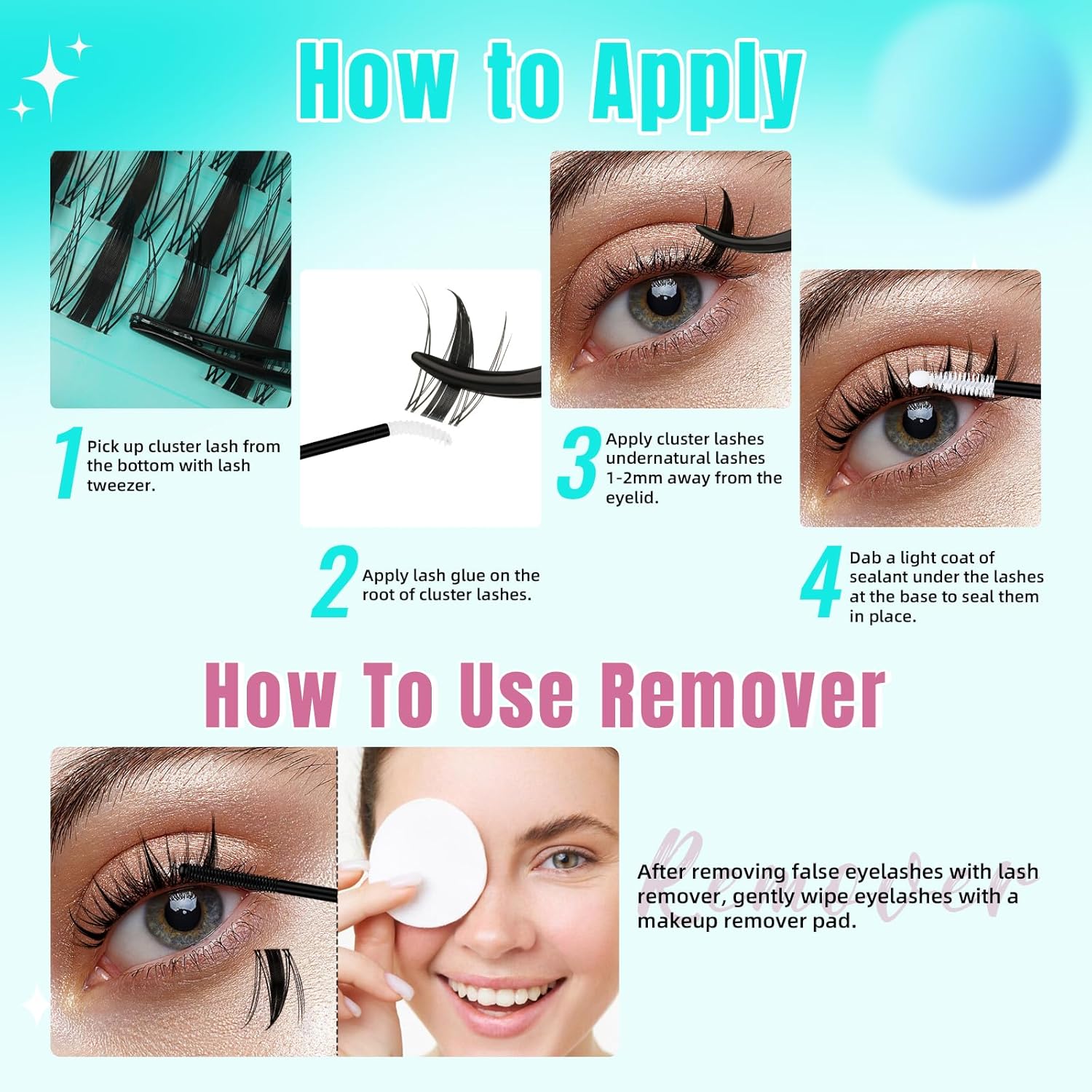 Manga Lash Clusters Kit 144PCS Fairy Eyelash Extension Kit with Lash Bond and Seal, Fake Eyelashes Clusters with Invisible Lashes Band, Lash Glue Remover and Lash Applicators (8-16mm Kit,White Bond)