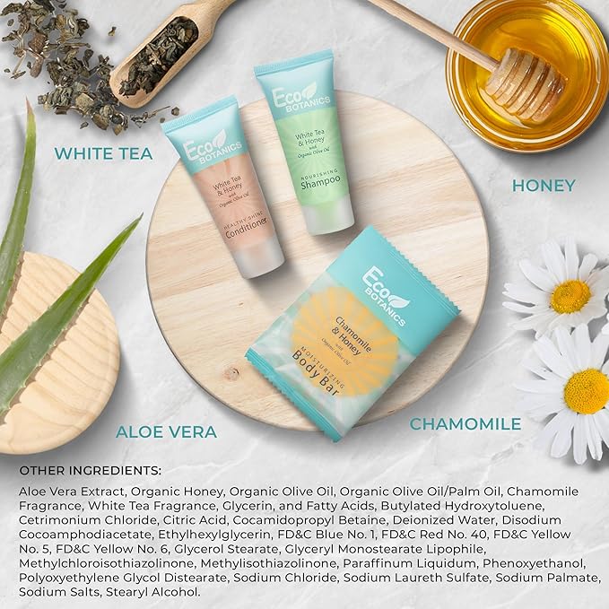 Eco Botanics Soaps & Toiletries Bulk Set | 1-Shoppe Amenities Kit for Hotels & Vacation Rentals | 0.85 oz Shampoo & Conditioner, 0.89 oz Bar Soap | Travel Size | 150 Pieces