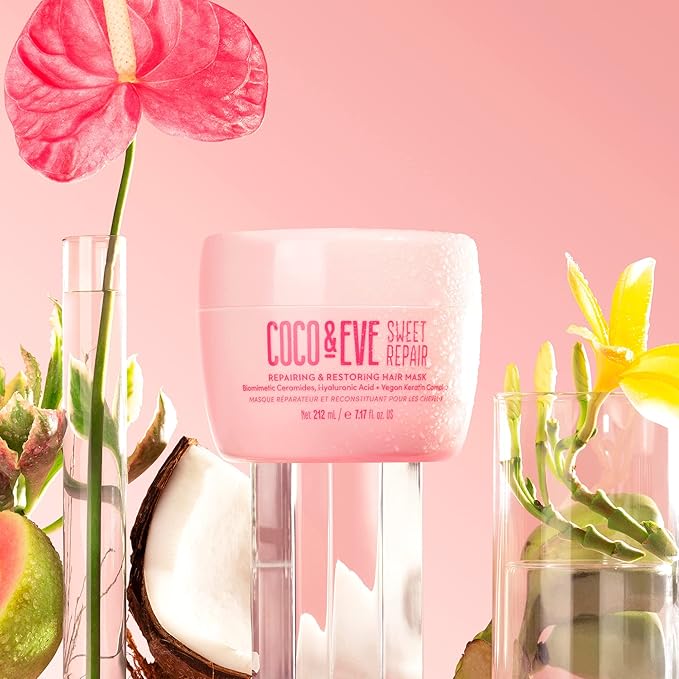 Coco & Eve Sweet Repair Repairing and Restoring Hair Mask. 85% stronger hair, reduce hair damage by 65%. Biomimetic Ceramides, Hyaluronic Acid, Vegan Keratin. Increase Hydration & Shine.