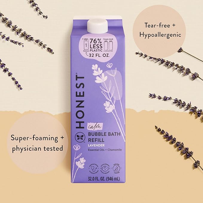 The Honest Company Foaming Bubble Bath Refill Carton | Gentle for Baby | Naturally Derived, Tear-Free, Hypoallergenic | Lavender Calm, 32 fl oz