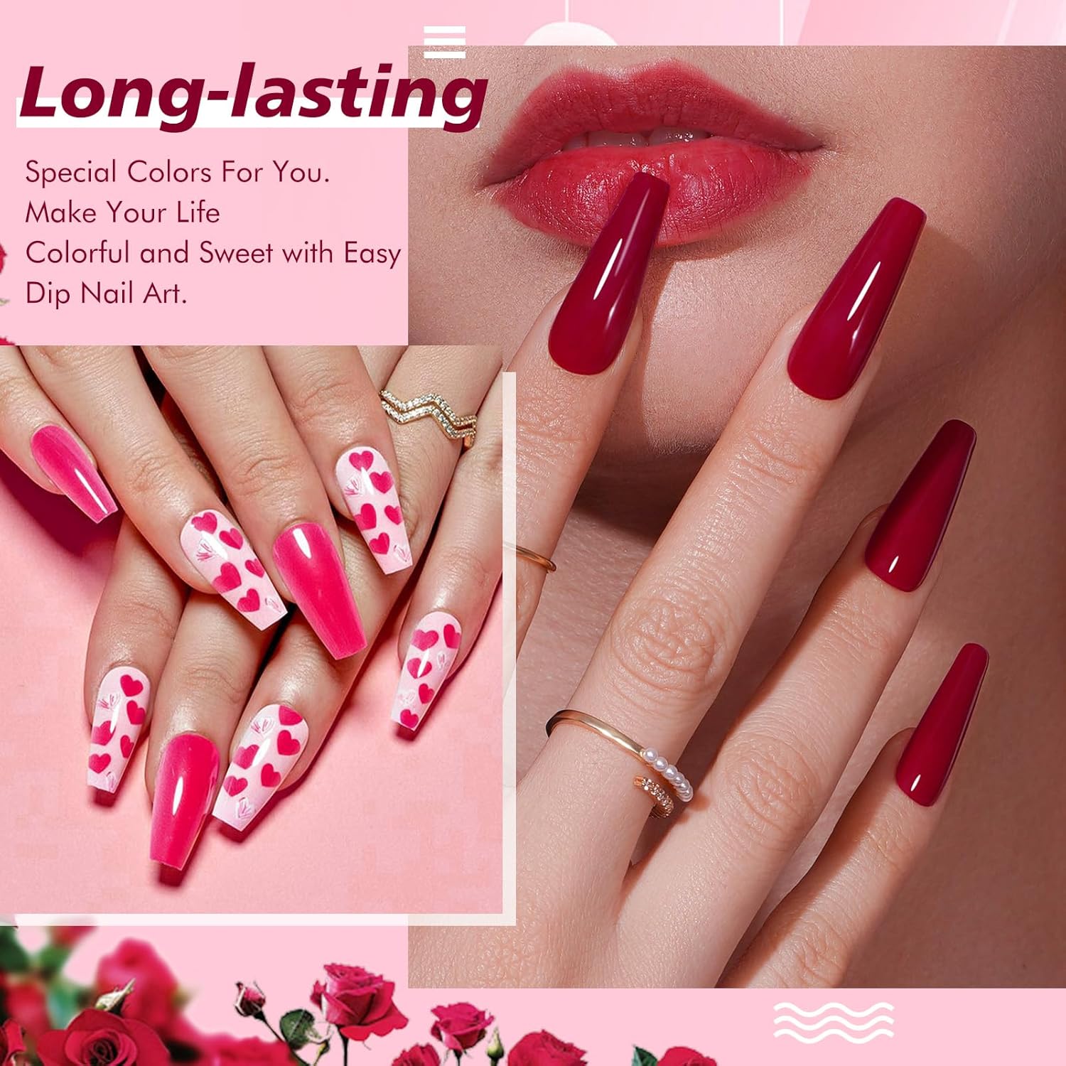 6 Colors Dip Powder Set, Hot Pink Red Dipping Powder Color Set, Glossy Nail Art Manicure DIY Salon Home Gift for Ladies (YYSDDPS-No.15-6pcs)