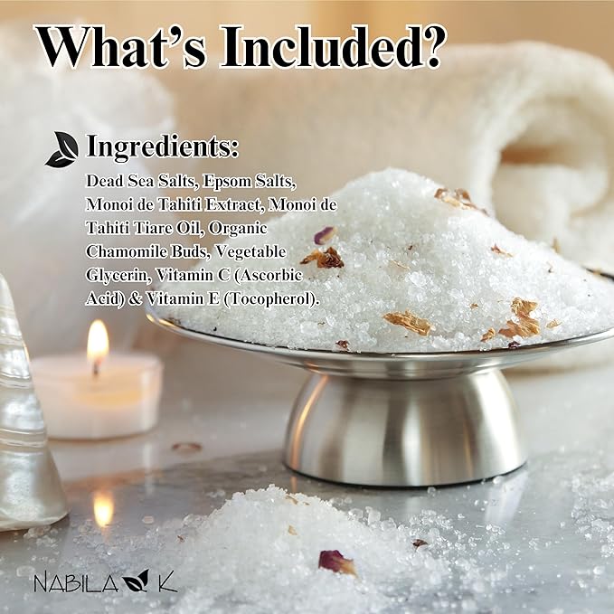 Polynesian Monoi Bath Salts by Nabila K - Dead Sea Salt & Epsom Salt Scrub & Soak - Exfoliates & Hydrates Skin, Botanical Essential Oils - Bubble Bath Accessories for All Skins Types, 2 oz