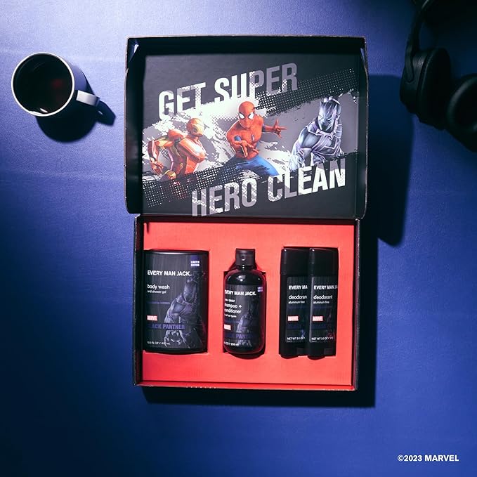 Every Man Jack Black Panther Body Set - Perfect for Every Guy & Marvel-Lover - Bath and Body Marvel Gift Set with Clean Ingredients & Incredible Scents - Includes Body Wash, Shampoo & Deodorant 2-Pack