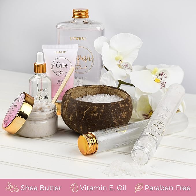 Mothers Day Bath Gift Set - Home Spa Gift Basket with Milky Coconut, Vitamin E & Shea Butter with Shower Gel, Bath Salt & Crystals, Body Scrub, Hand Cream, Body Oil, Bath Pillow, Wooden Crate & More