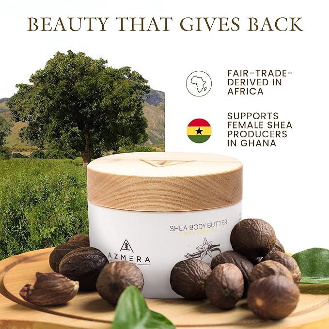 AZMERA Shea Body Butter - Organic Body Butter for Women & Men Dry Skin Rich in Antioxidants & Vitamin E - Vegan Shea Butter Moisturizer, Raw Shea Butter from Africa (Vanilla Bean, 250ML)