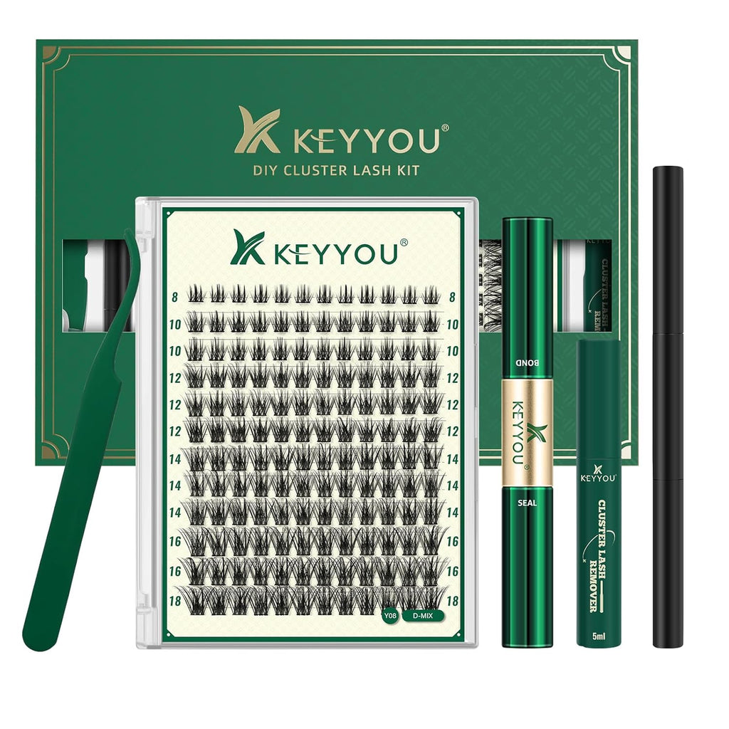 DIY Lash Extension Kit KEYYOU 144pcs Lash Clusters Eyelash Extension Kit with Mascara Brush Bond and Seal Lash Glue Remover Lash Applicators Lash Brush for DIY Lash Extensions (Y08 Kit)