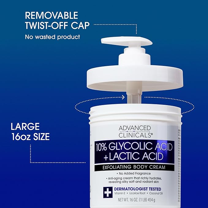 Advanced Clinicals Retinol Body Cream Moisturizer + Exfoliating 10% Glycolic Acid & Lactic Acid Lotion 2PC Skincare Set For Women & Men To Reduce Appearance Of Crepey Skin & Uneven Rough Skin Texture
