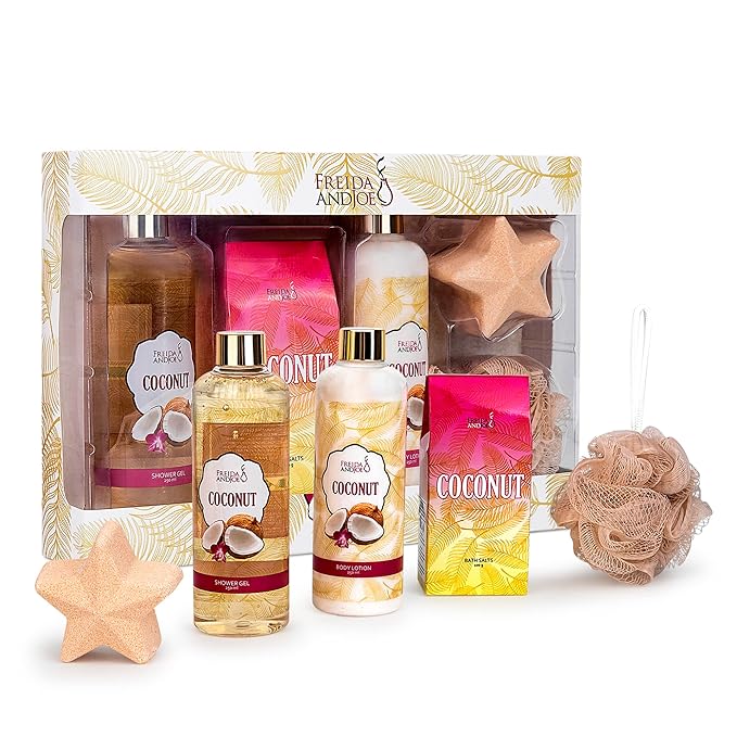 Freida & Joe Spa Bath and Body Gift Basket for Women- Coconut Bath shower, Coconut Scent Body Skincare Collection Gifts for Mom, Wife, Girlfriend