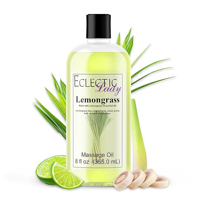 All Natural Lemongrass Massage Oil - Eclectic Lady 8 oz. 100% Natural Ingredients with Sweet Almond & Jojoba Oil, Relaxing Scent for Men & Women