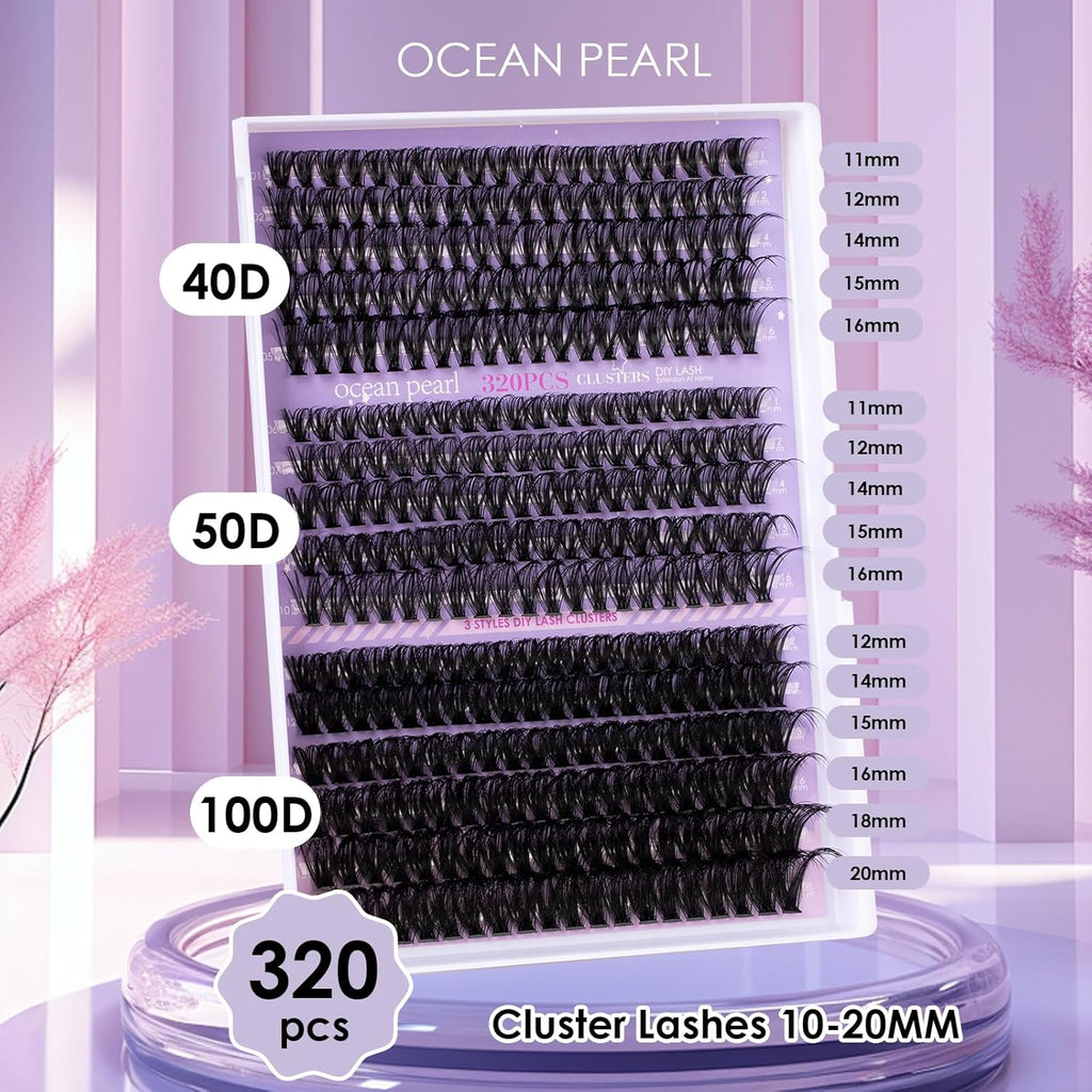 Ocean Pearl Lash Clusters 320PCS Thick Individual Lashes 11-20MM 40D 50D 100D DIY Lash Extension Soft Eyelashes Thick Volume Fake Lashes D Curl Cluster Eyelash Extensions For Beginners-40+50+100D