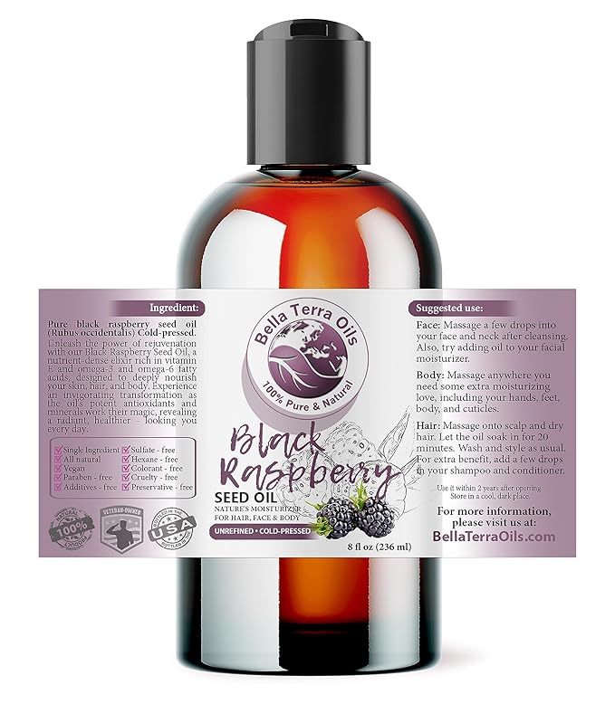 Bella Terra Oils - Black Raspberry Seed Oil 8oz - Embrace the Cosmetic Wonder of Raspberry Seed & Black Seed Oil Fusion, Replete with Tocopherols & Tocotrienols