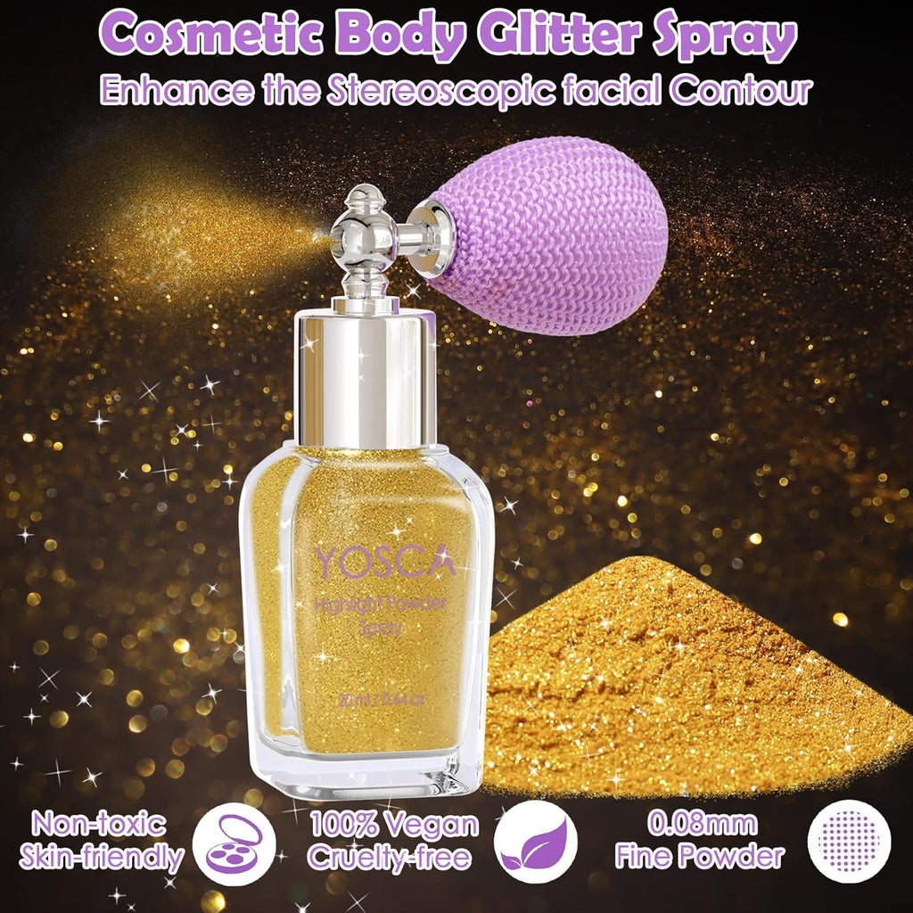 Yosca Body Glitter Spray, 30ML Loose Body Shimmer Powder Hair Spray Gold Glitter Sparkle Highlighter Makeup Mardi Gras Festival Accessories for Rave Clothes Hair Face Nail Art