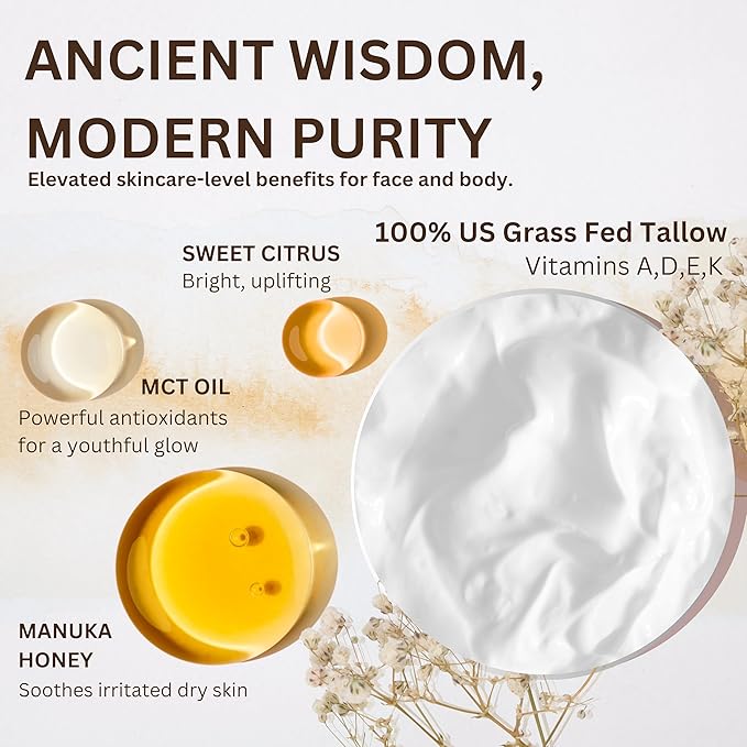 Whipped Beef Tallow for Skin - 100% Pure, Grass Fed Tallow Moisturizer for Face and Body - Organic Honey Beef Balm for Sensitive Skin - Quick Absorbing Hydration (Sweet Citrus)